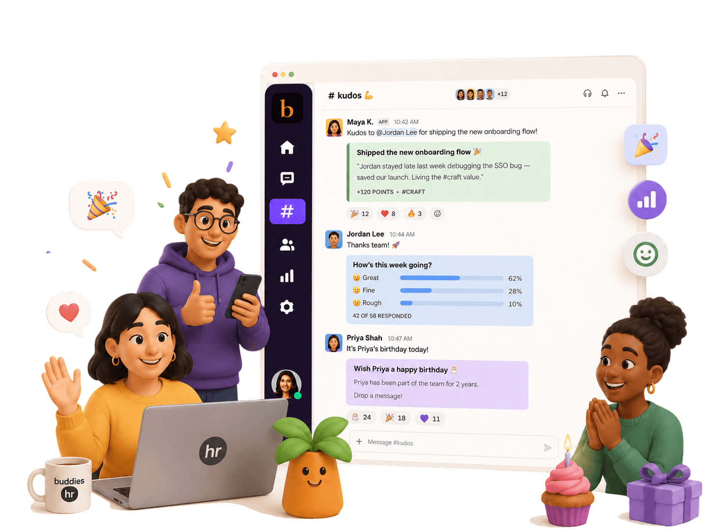 BuddiesHR, kudos, pulse and birthdays running inside a Slack channel, surrounded by friendly mascots