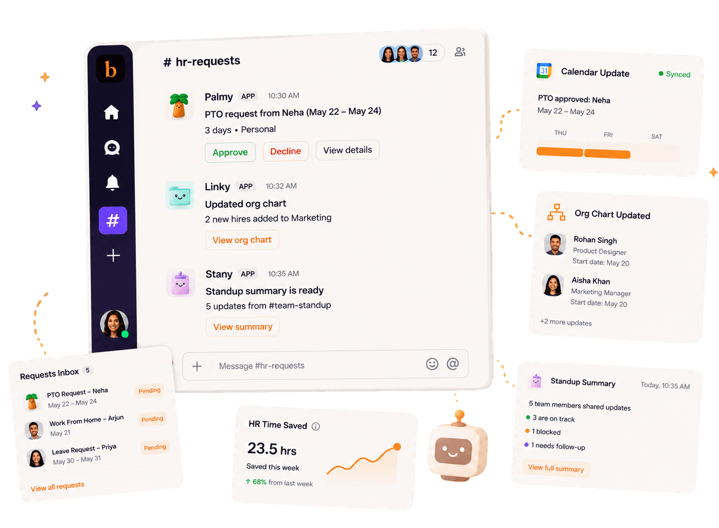 HR automation: Slack approvals, PTO requests, org-chart updates, async standups