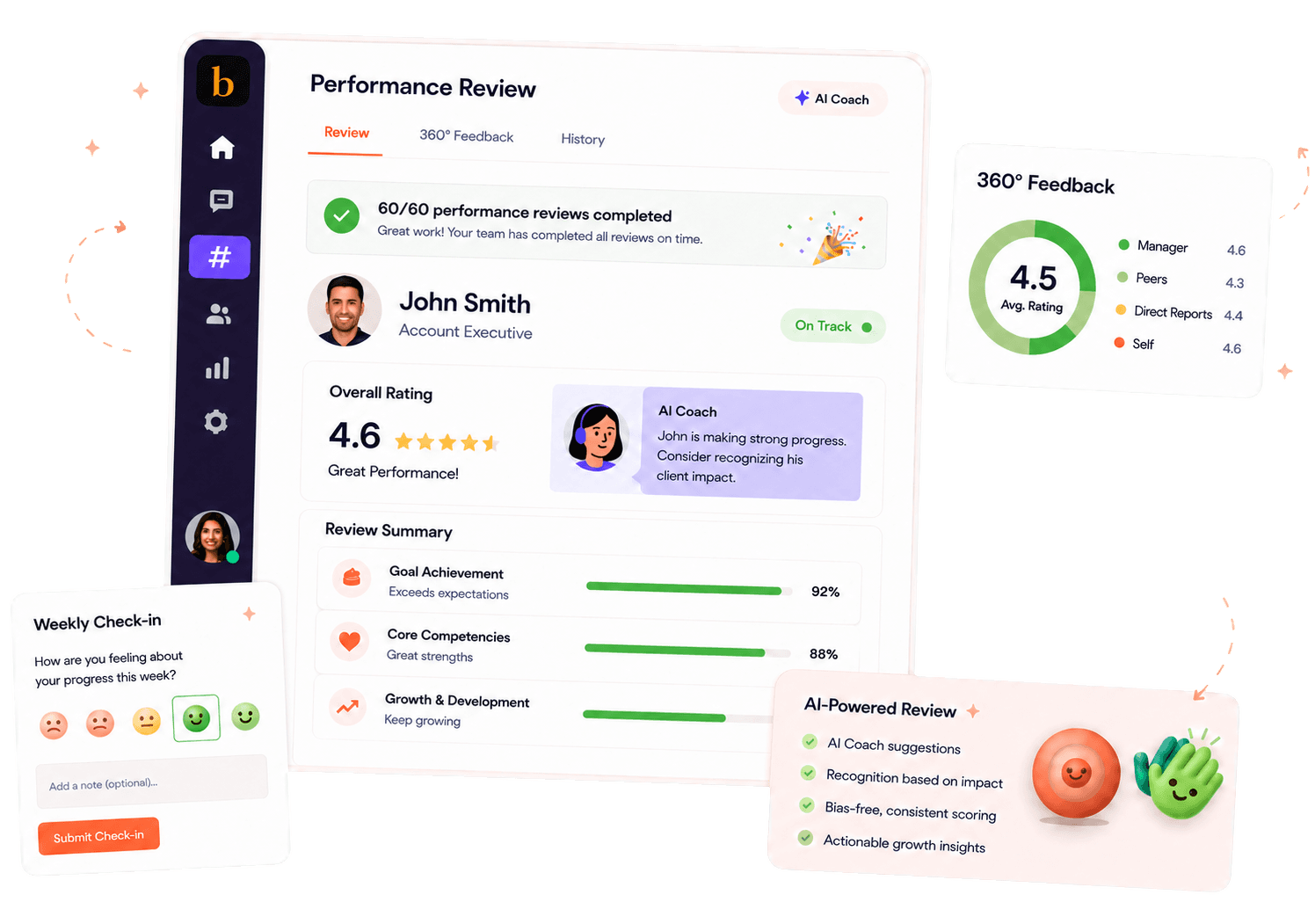 Perform: review dashboard, AI Coach, 360° feedback, weekly check-in, AI-powered review insights