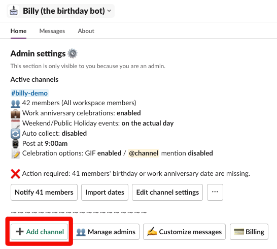 add a channel to billy birthday