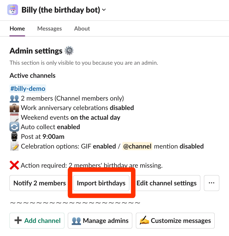 excel spreadsheet import in slack for birthdays