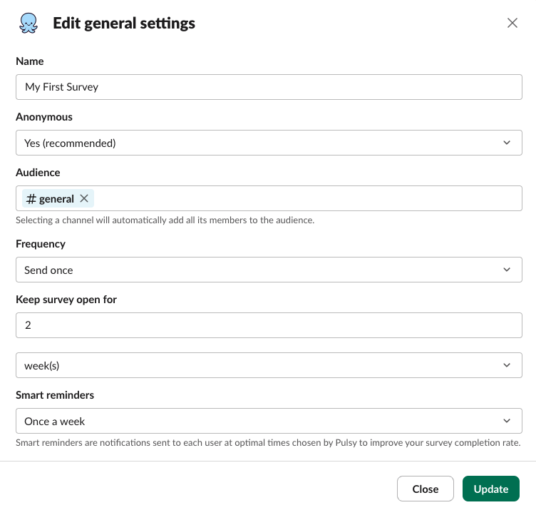 pulsy survey general settings modal