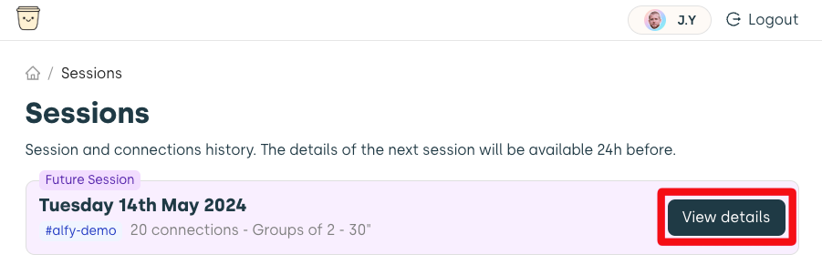 upcoming session details with alfy matching