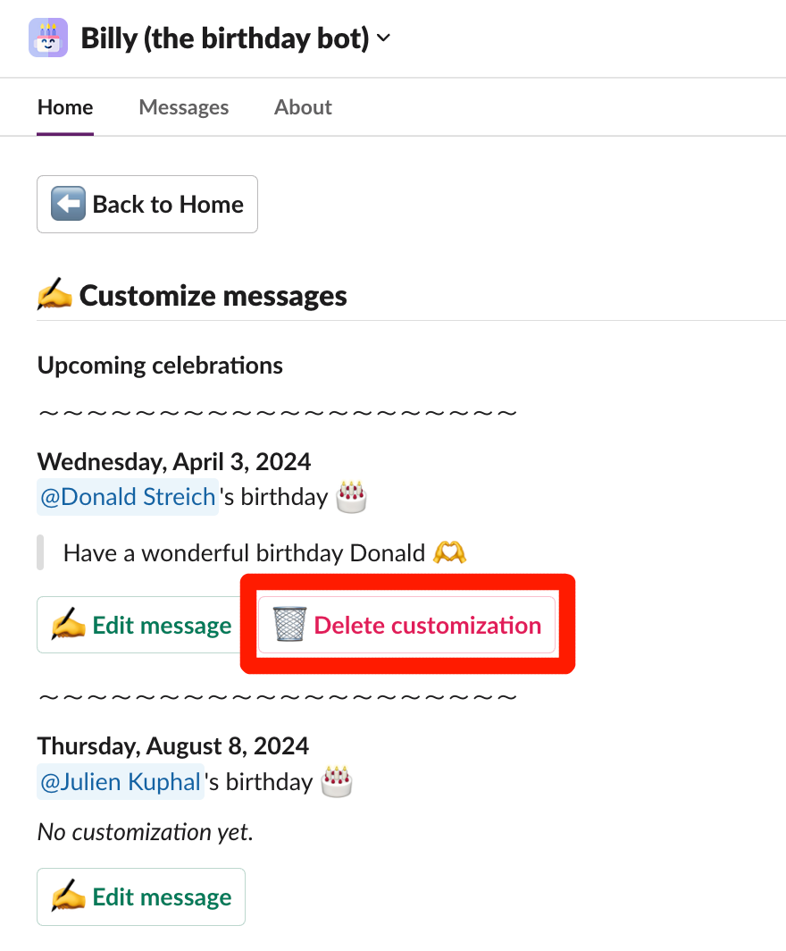 remove custom message for birthday