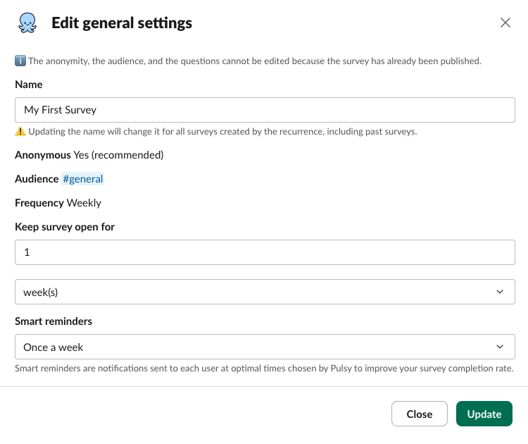 pulsy published survey settings