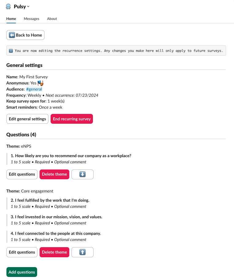 pulsy edit recurrence settings page