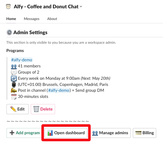 admin settings alfy open dashboardƒ