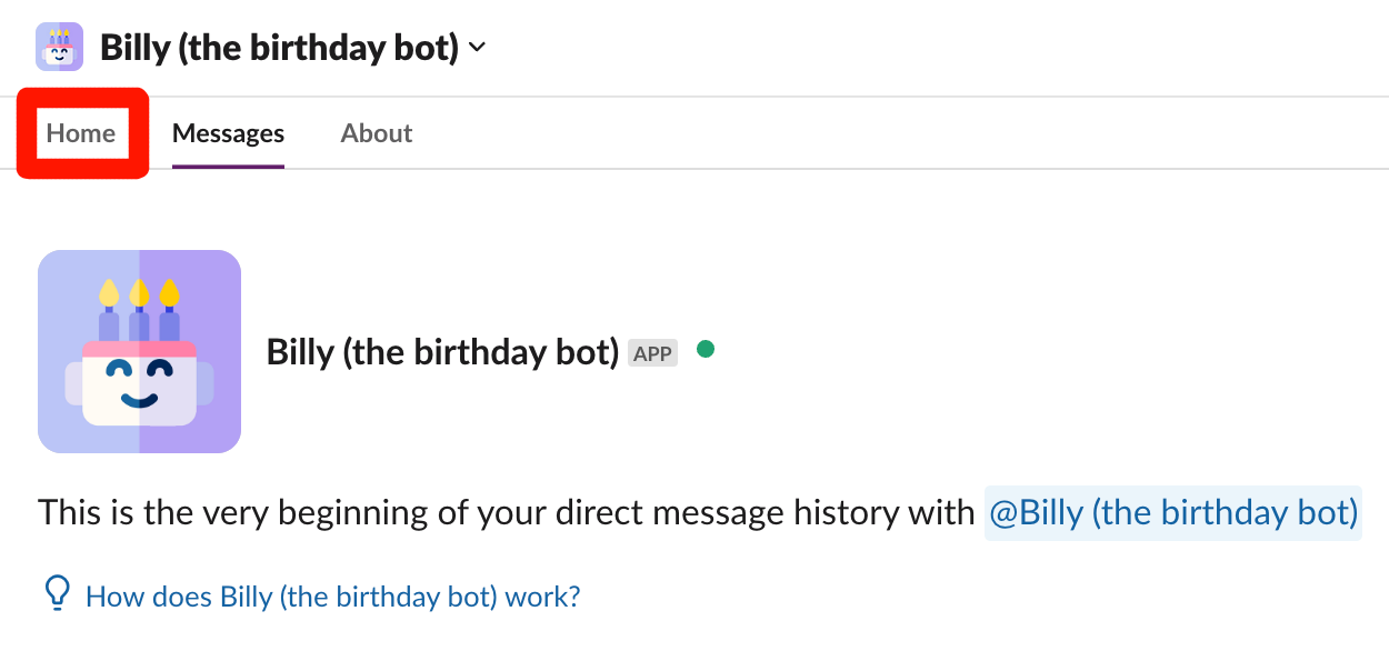 home tab for billy birthday bot