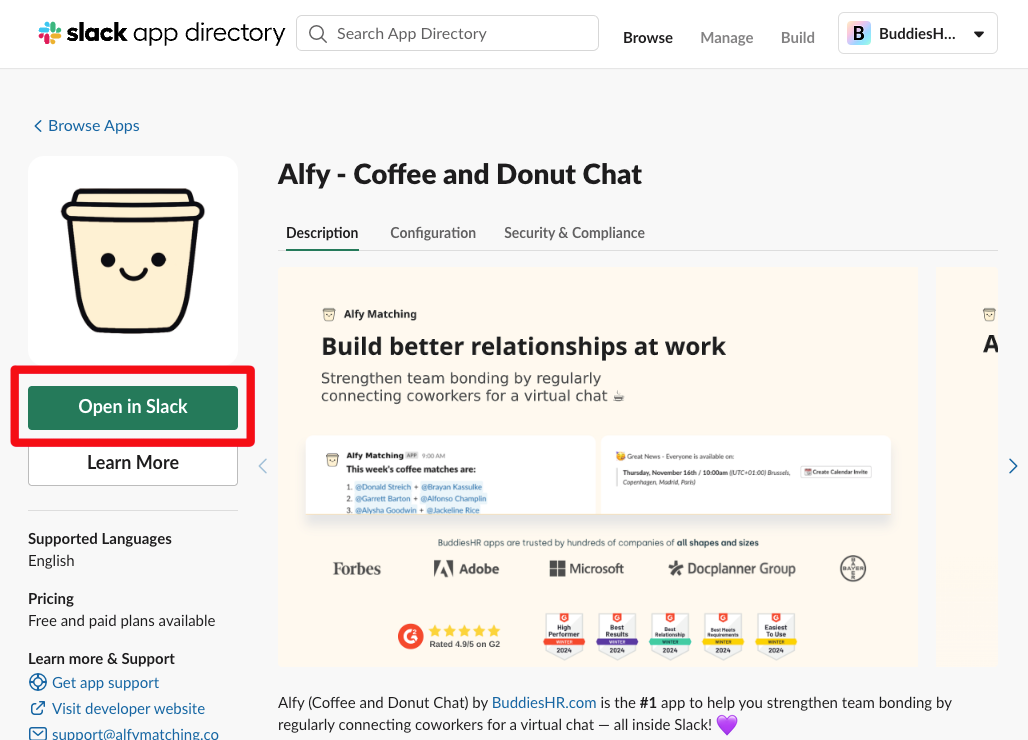 install alfy matching from slack app directory