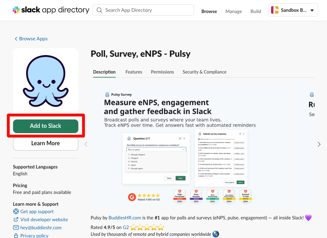 install pulsy from slack app directory