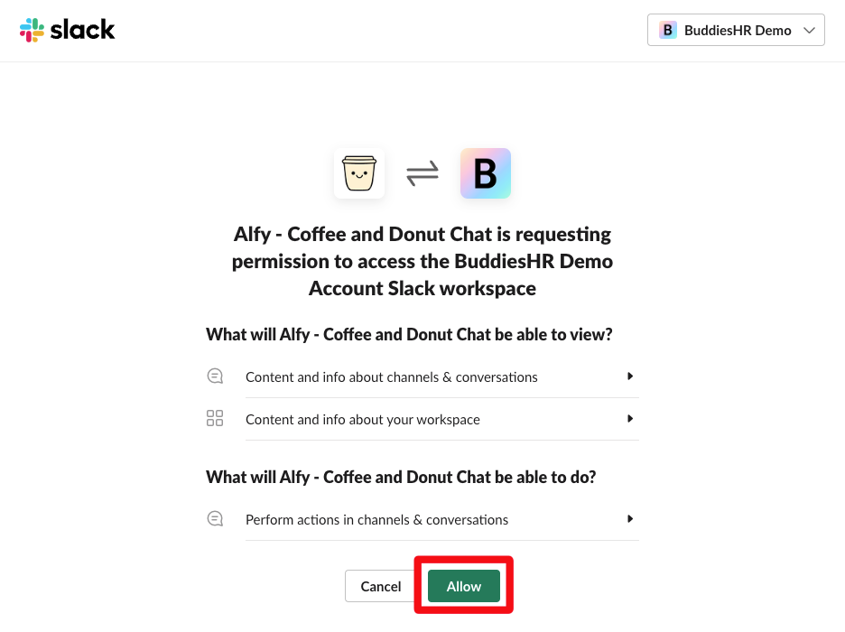 grant permissions for donut for slack