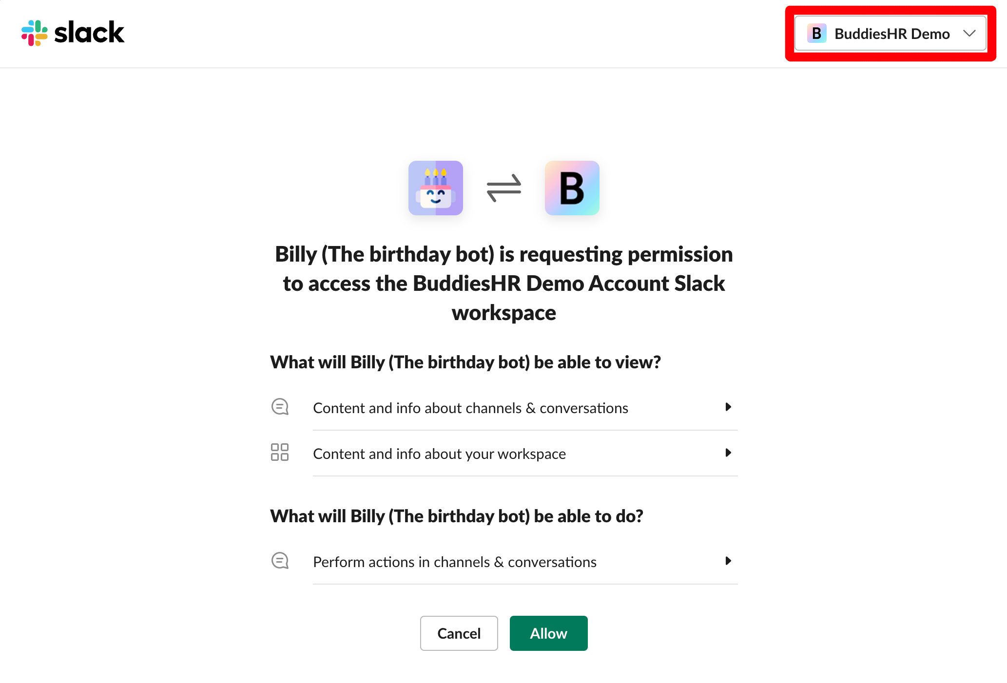 slack workspace for birthday bot