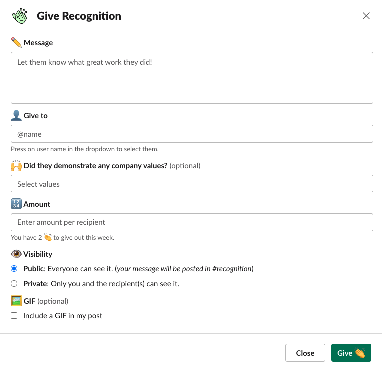 send kudos in slack