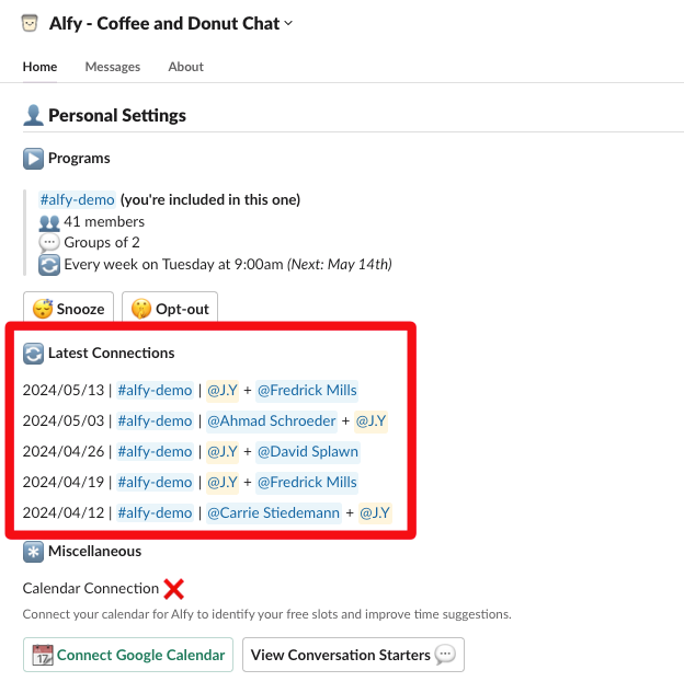 alfy coffee chat view latest connections