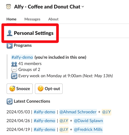 virtual coffee chat personal settings