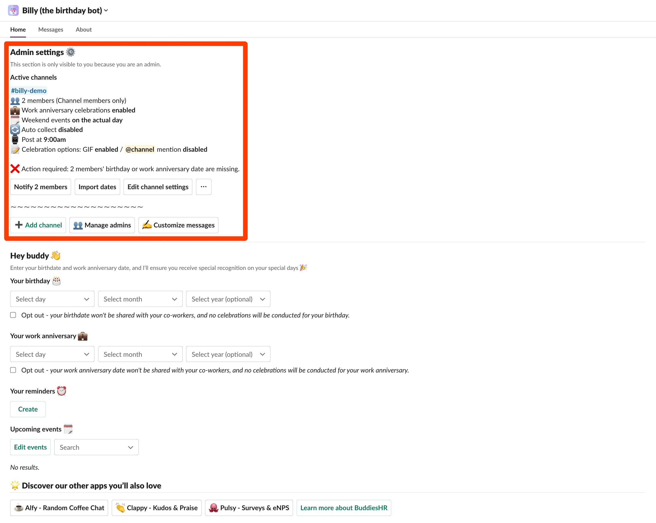 admin settings in slack for billy birthday