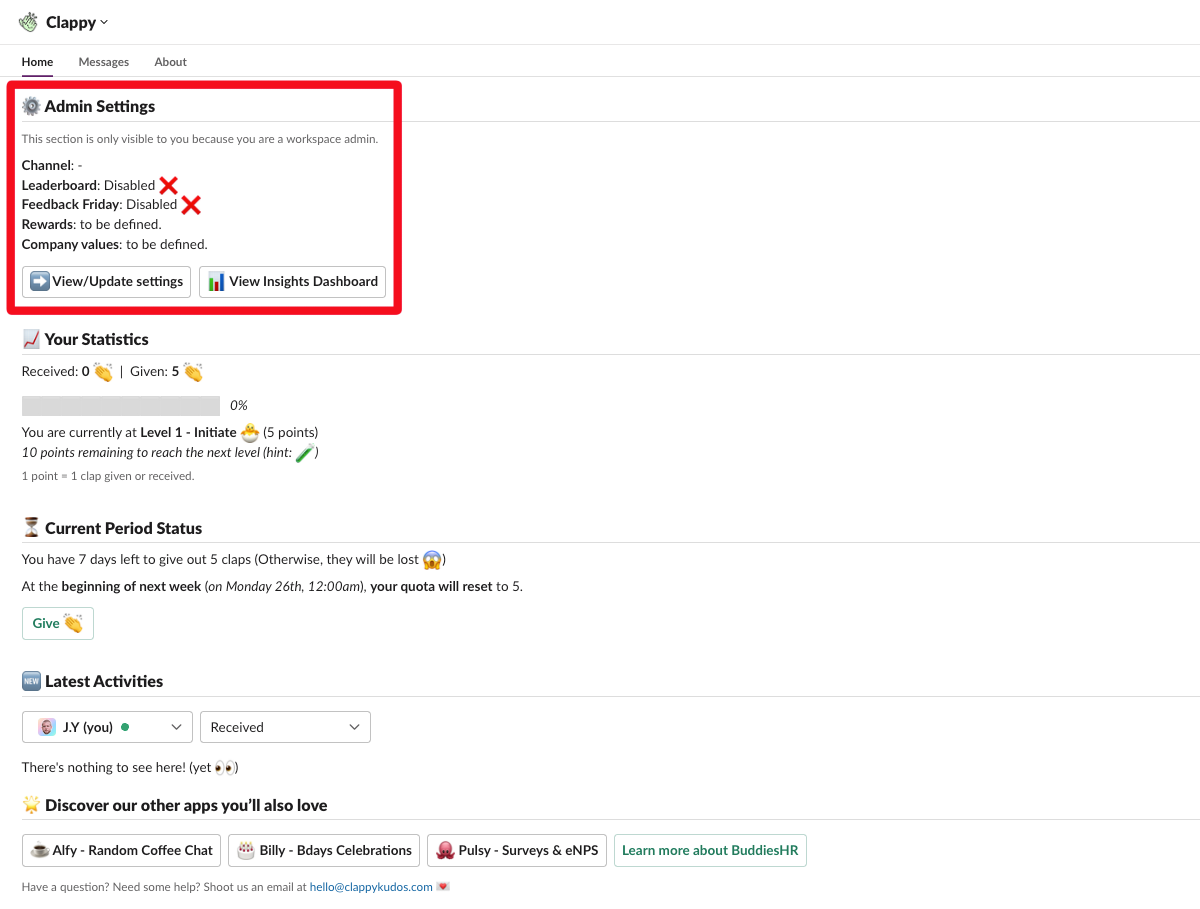 locate admin settings of clappy kudos for slack
