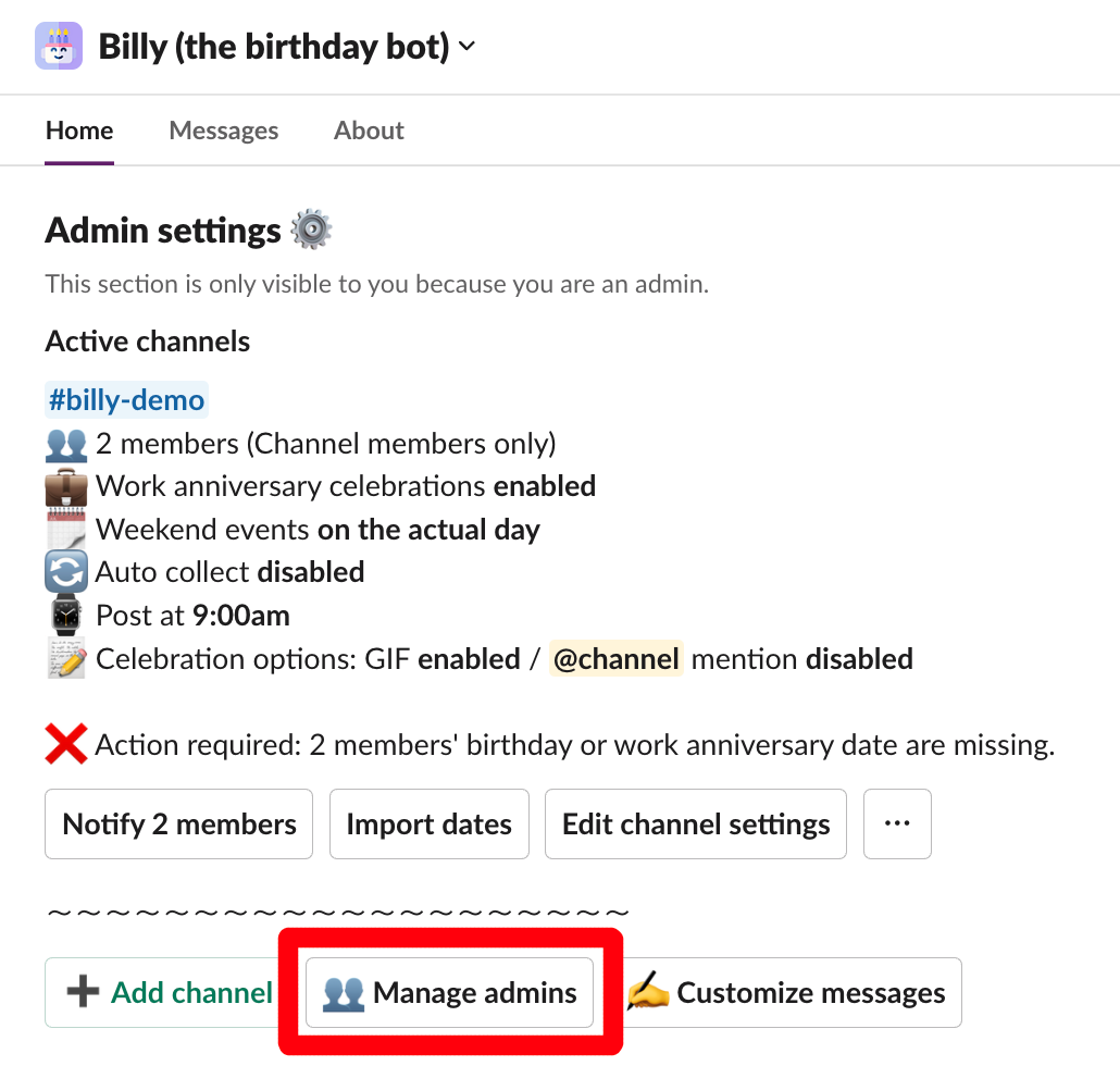 manage admins in slack for billy