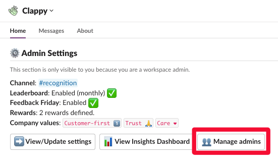 manage admins of clappy kudos