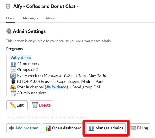 manage admins alfy matching slack application