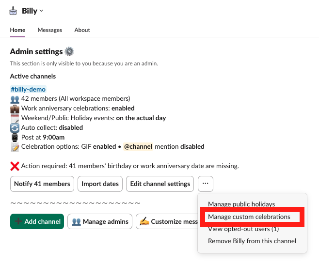 find manage custom celebrations in admin settings