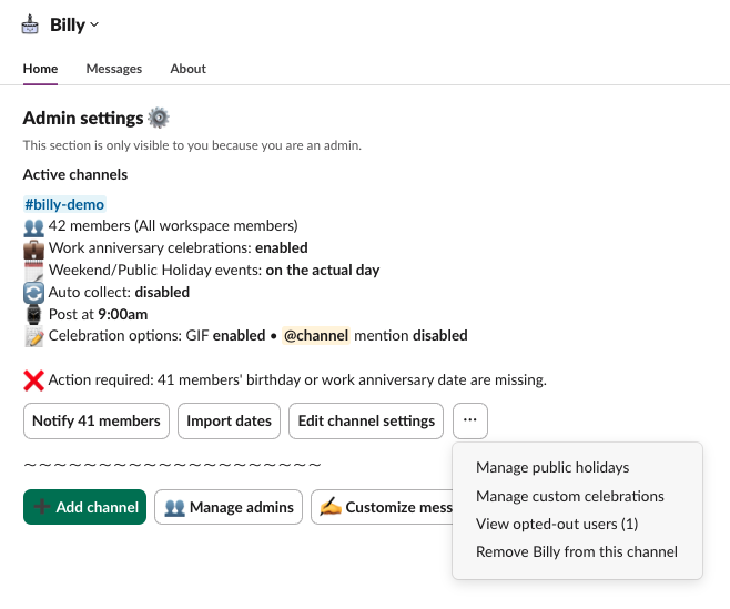 find manage custom celebrations in admin settings