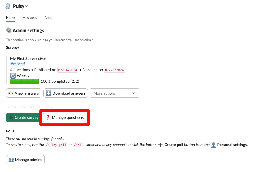 pulsy manage questions button