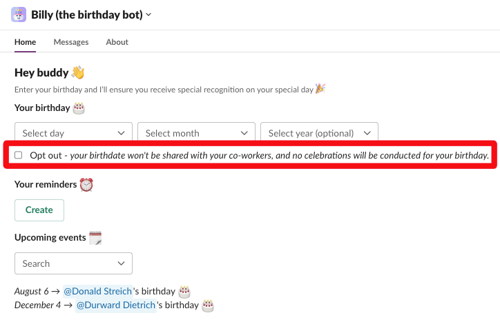 opt out billy birthday for slack