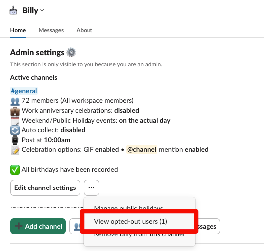 billy active channels list and actions