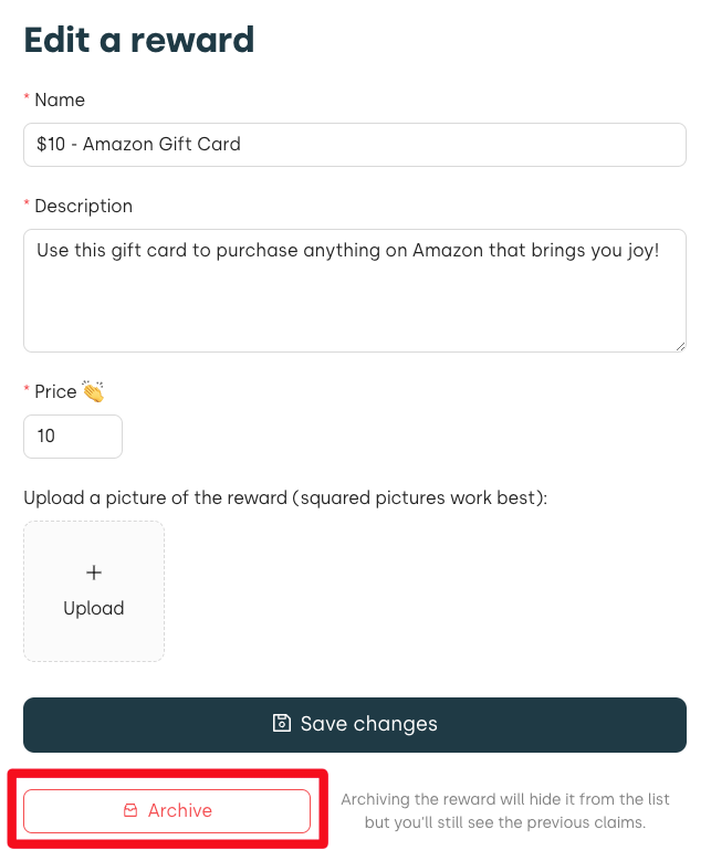 archive a reward