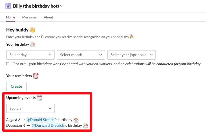 view upcoming celebrations slack birthdays