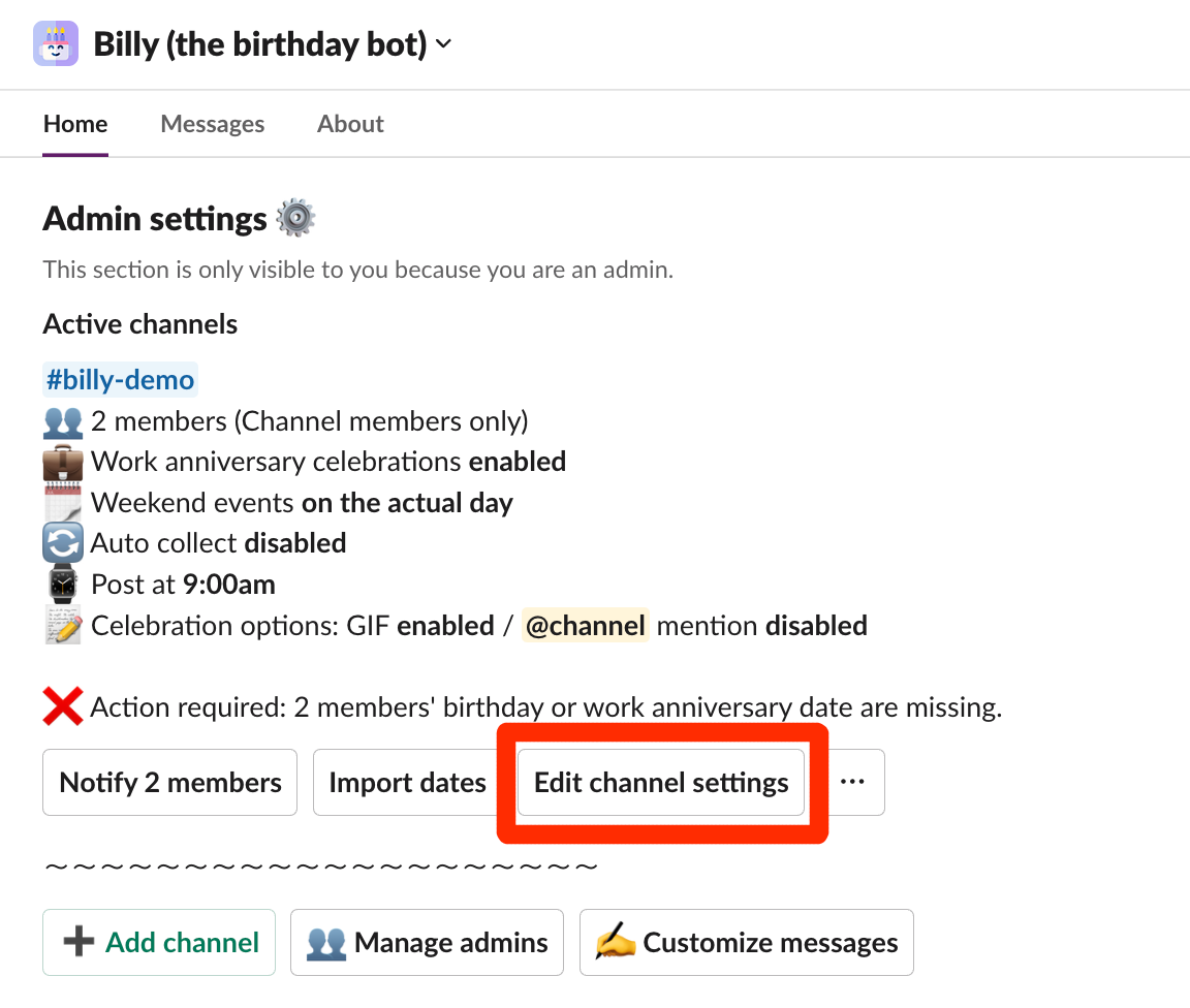 update channel settings for billy birthday