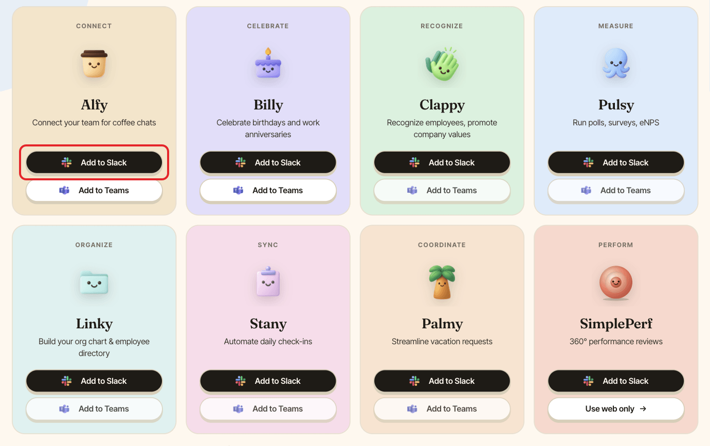 The BuddiesHR Get started page, with Alfy's Add to Slack button highlighted