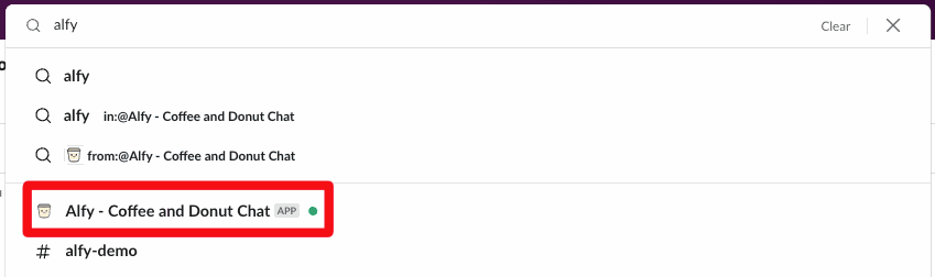 Slack search results for "alfy", with the Alfy - Coffee and Donut Chat app highlighted