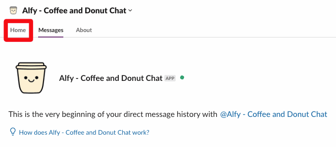 Alfy's app page in Slack, with the Home tab highlighted