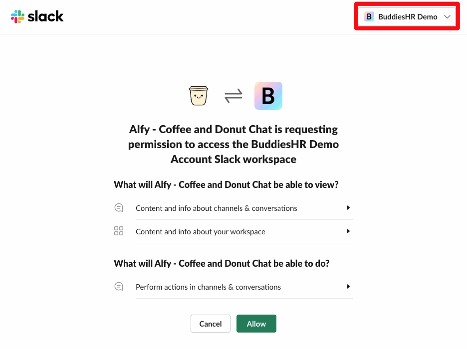 Slack's permission page, with the workspace selector highlighted in the top-right corner