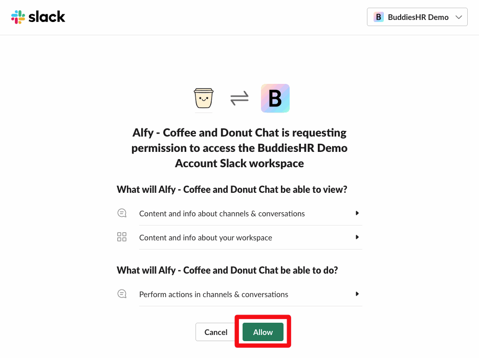 Slack's permission page for Alfy, with the Allow button at the bottom