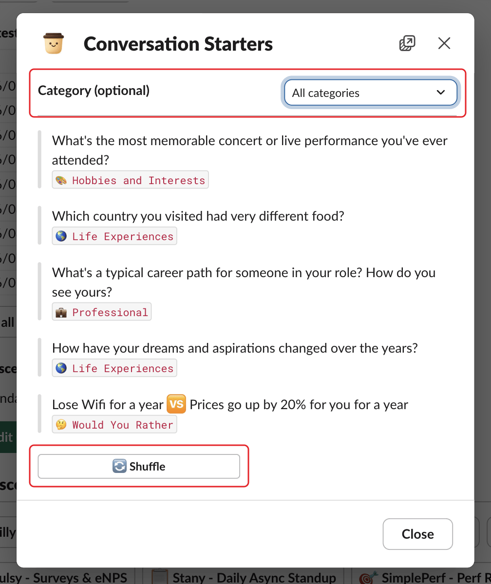 The Conversation Starters window in Slack, with the category field and Shuffle button highlighted