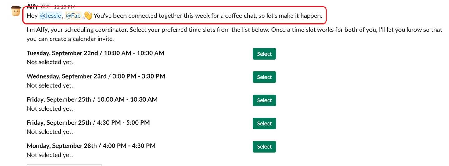 A group DM from Alfy, with the greeting highlighted