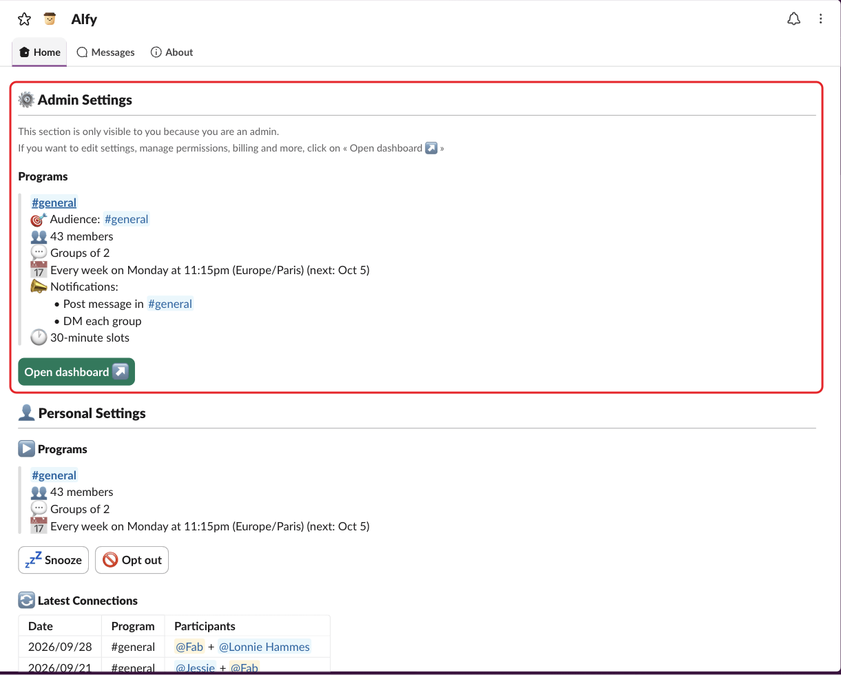 Alfy's Home tab in Slack, with the Admin Settings section highlighted