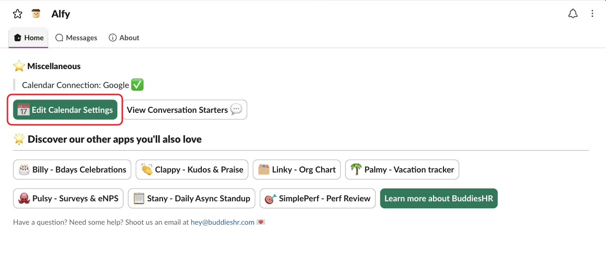 Alfy's Home tab in Slack, with the Edit Calendar Settings button highlighted