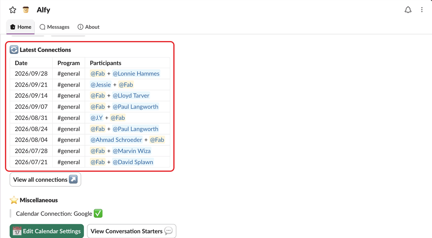 Alfy's Home tab in Slack, with the Latest Connections table highlighted