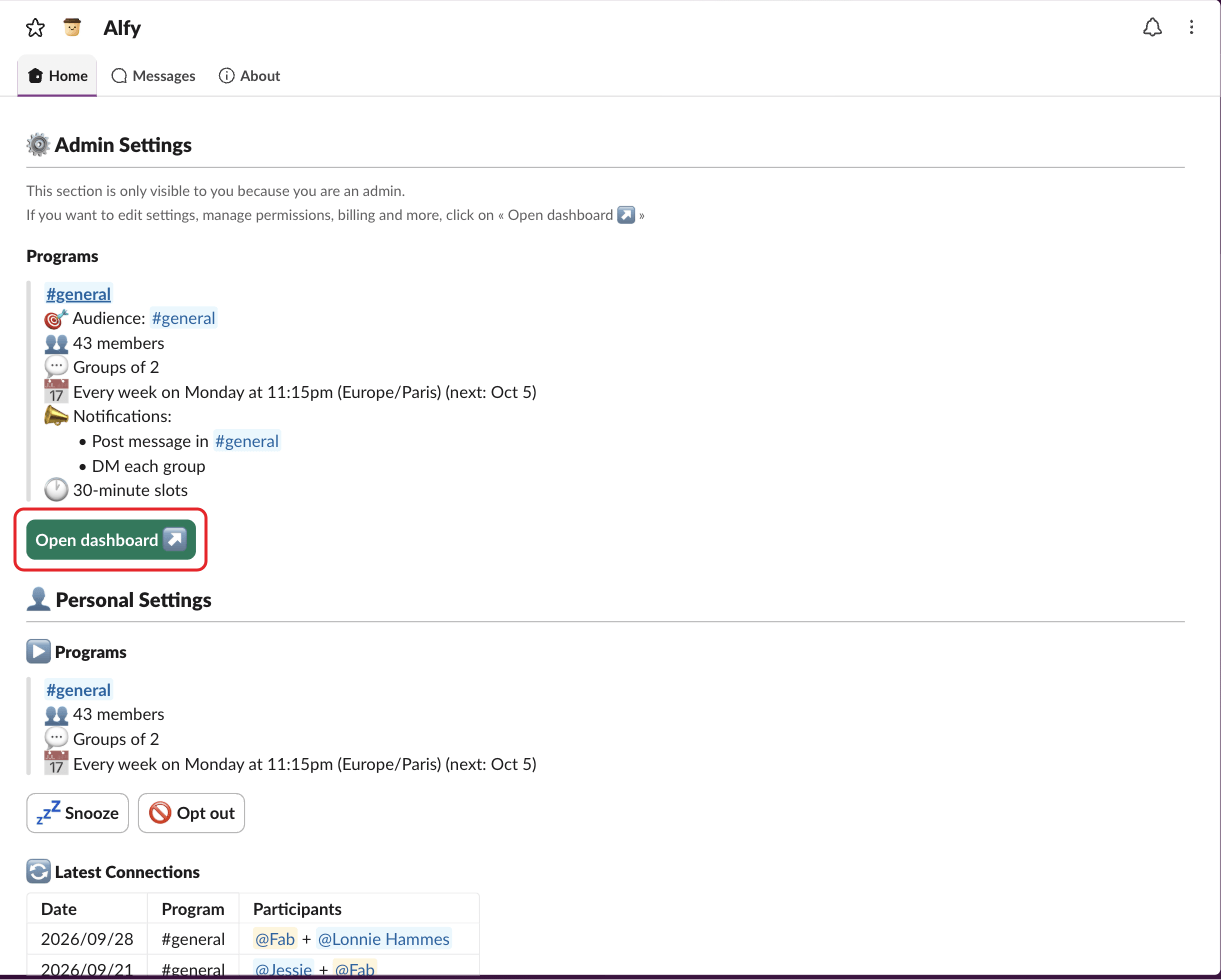 Alfy's Home tab in Slack, with the Open dashboard button highlighted