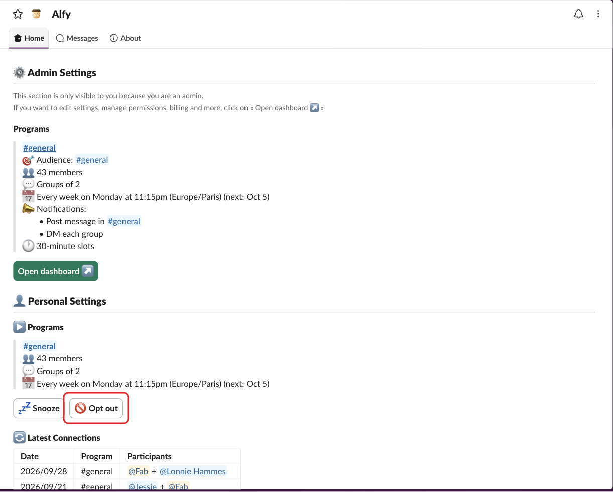 Alfy's Home tab in Slack, with the Opt out button highlighted