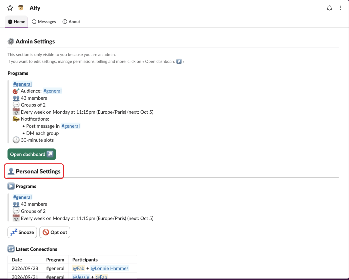 Alfy's Home tab in Slack, with the Personal Settings title highlighted