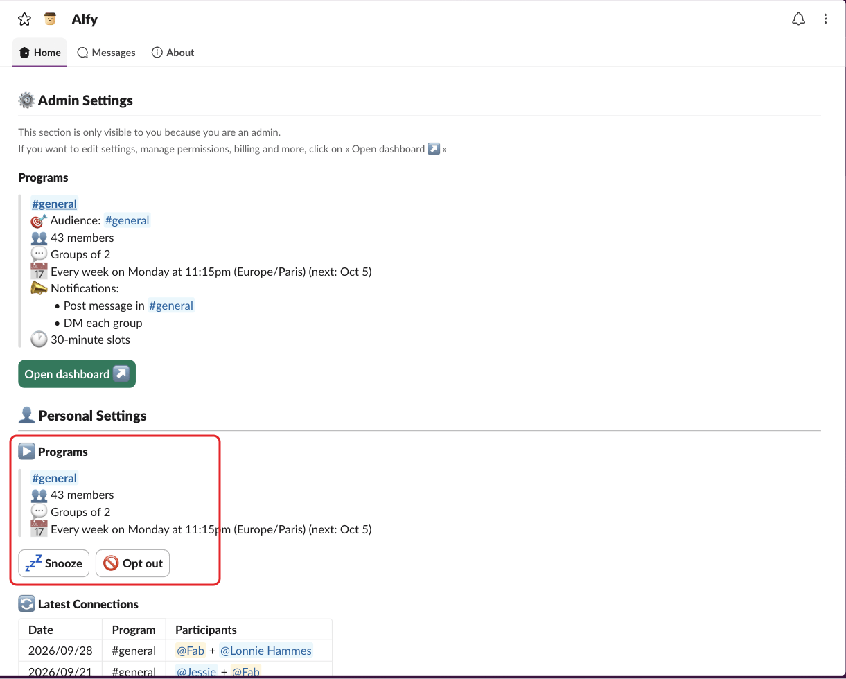 Alfy's Home tab in Slack, with the Programs section highlighted