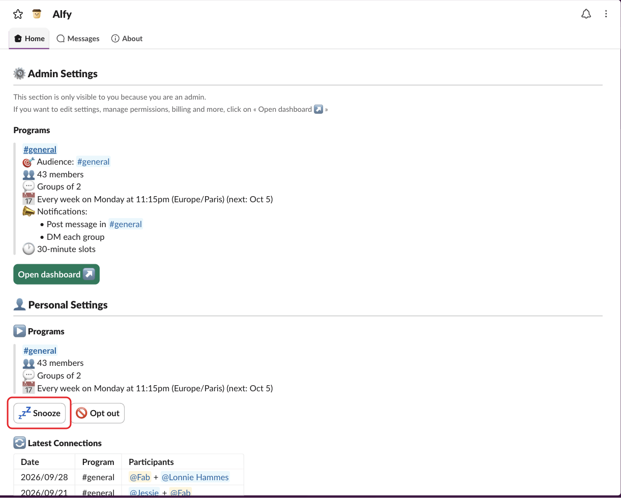 Alfy's Home tab in Slack, with the Snooze button highlighted