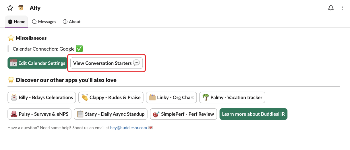 Alfy's Home tab in Slack, with the View Conversation Starters button highlighted