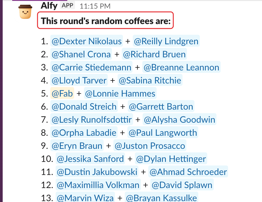 Alfy's round post in a Slack channel, with the header highlighted