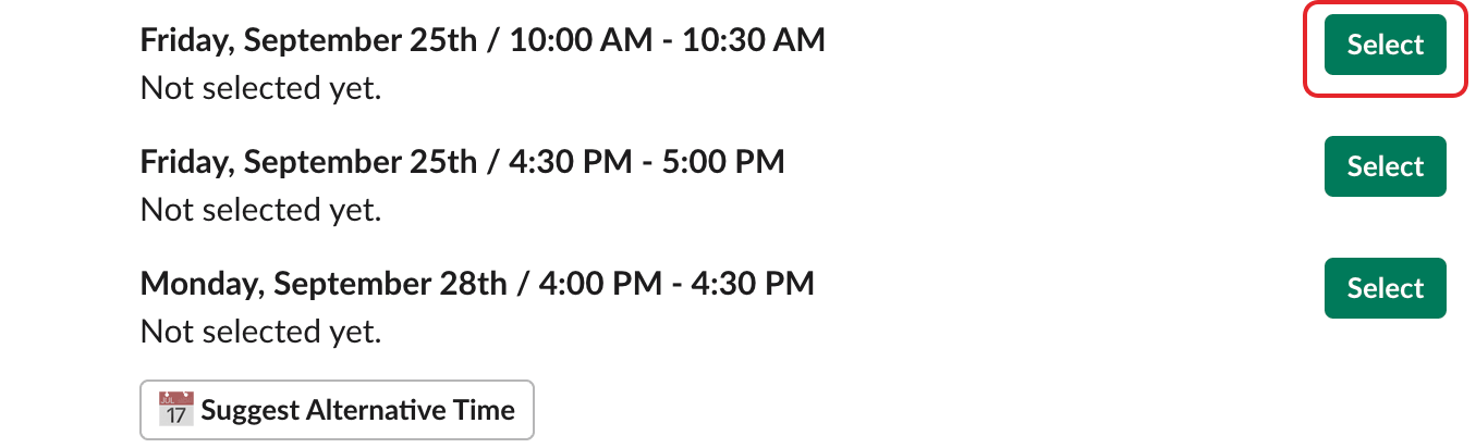 Time slots in a group DM with Alfy, with a Select button highlighted